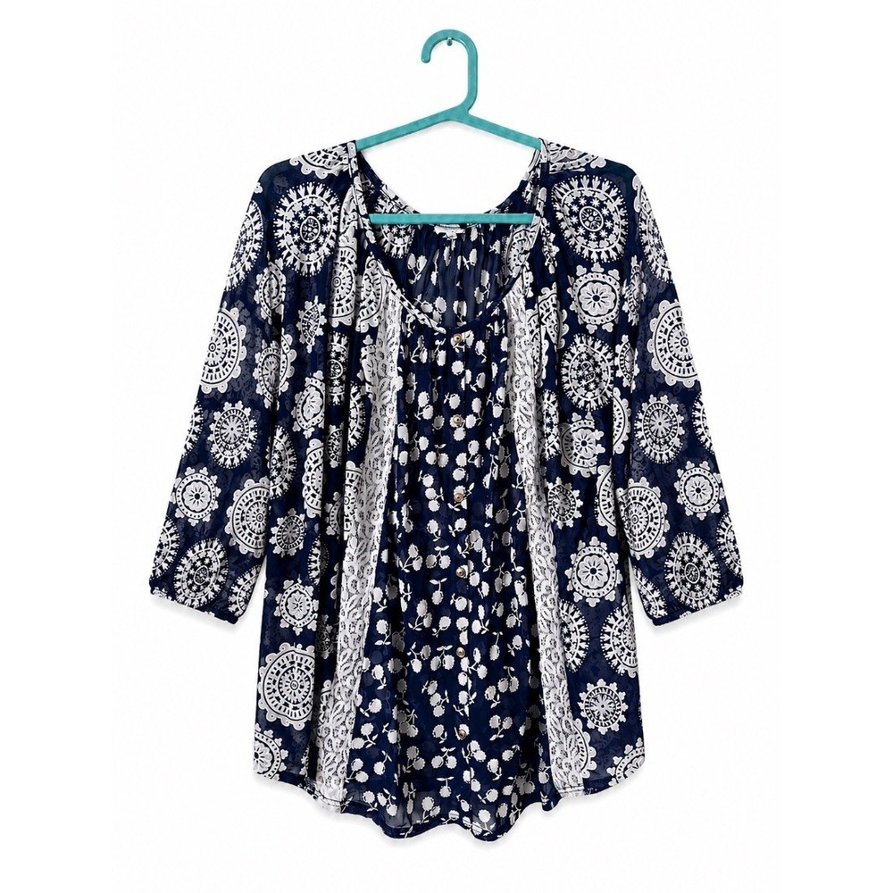 Siren Lily Plus Size 1X Blouse Top Navy Blue Boho Floral Lace 3/4 Sleeve Sheer